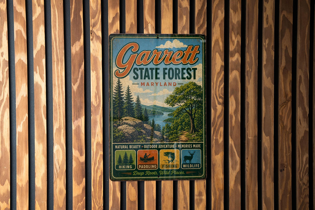A vintage metal sign for Garrett State Forest in Maryland, featuring a scenic landscape with pine trees, a river, and mountains.