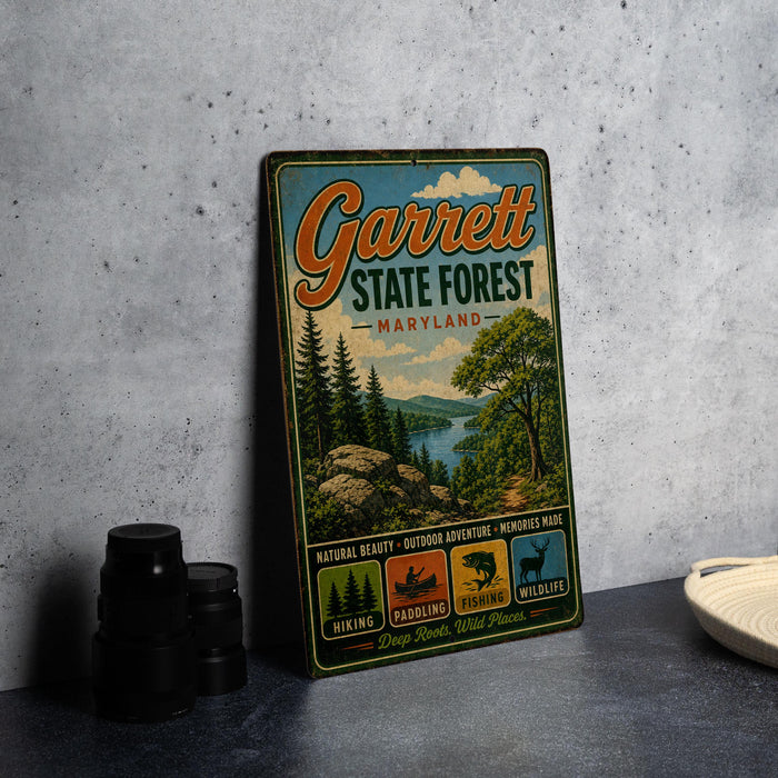 A vintage metal sign for Garrett State Forest, Maryland, featuring a scenic landscape with pine trees, a river, and hiking trails.