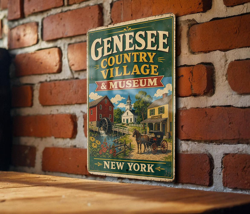A vintage-style metal sign for the Genesee Country Village & Museum in New York, featuring an illustration of a rural scene with a horse-drawn carriage and a red brick building.
