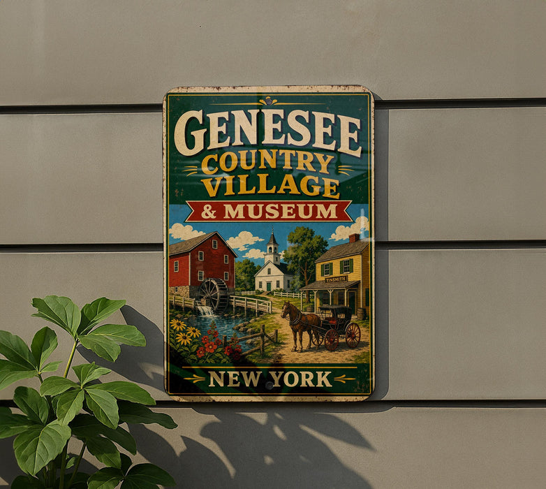 a vintage-style sign for the Genesee Country Village & Museum, which is located in New York.