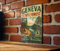 a vintage metal sign for the Geneva State Forest, mounted on a brick wall.