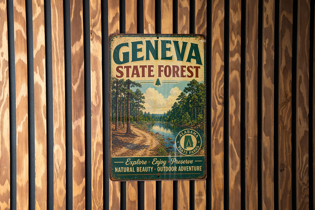 A vintage metal sign for the Geneva State Forest, featuring a scenic image of a forest and a lake, mounted on a wooden wall.