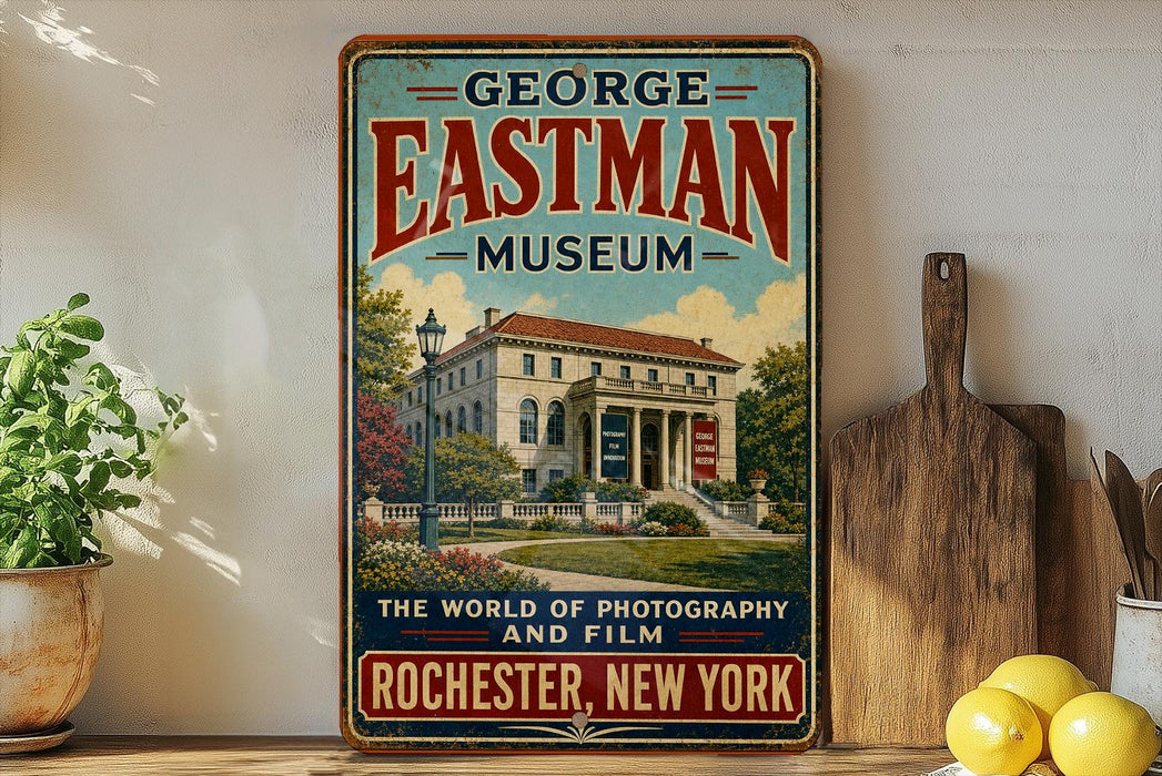 A vintage-style metal sign for the George Eastman Museum in Rochester, New York, featuring an illustration of the museum building surrounded by trees and flowers.