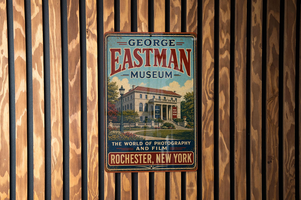 A vintage-style metal sign for the George Eastman Museum in Rochester, New York, featuring an illustration of a building surrounded by trees.
