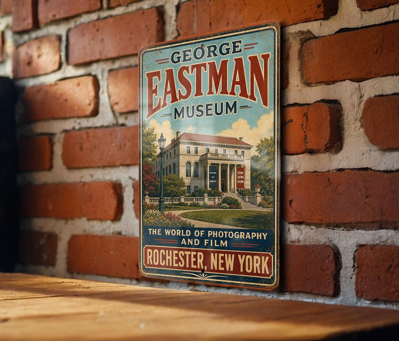 A vintage metal sign for the George Eastman Museum in Rochester, New York, featuring an illustration of the museum's building and surrounded by trees.