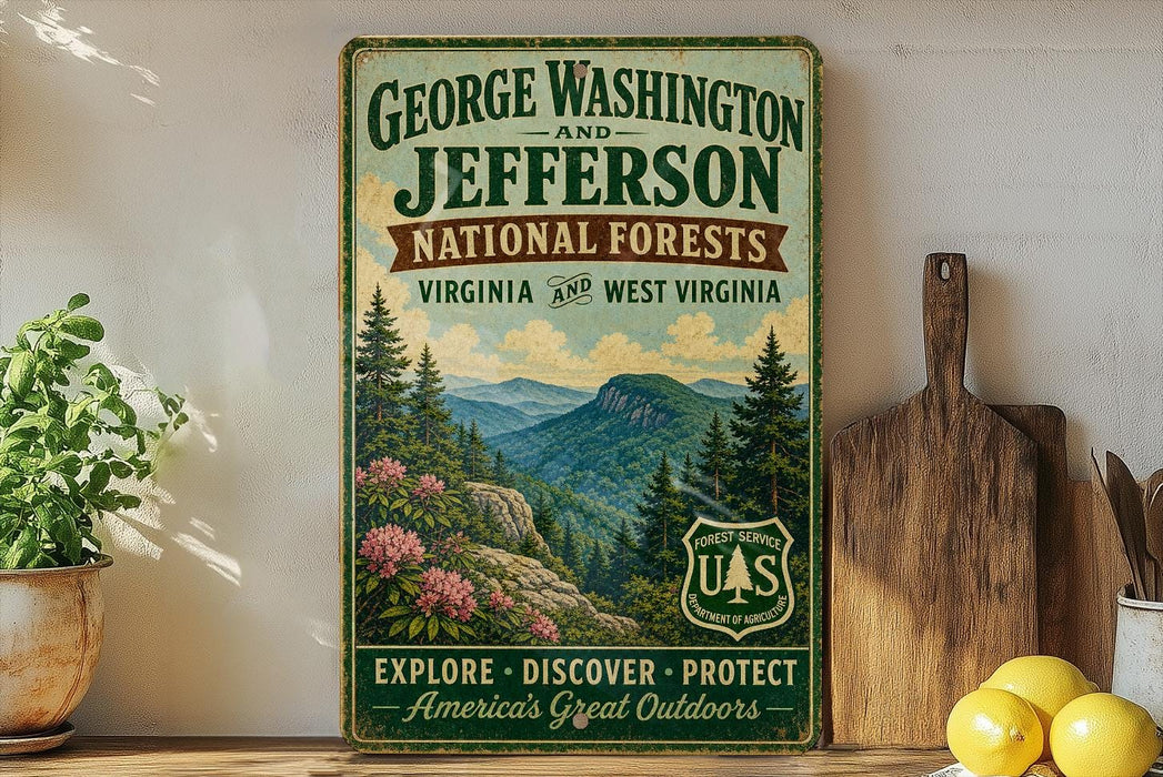 A vintage-style metal sign advertising George Washington and Jefferson National Forests in Virginia and West Virginia, featuring a scenic mountain landscape with pine trees and pink flowers.