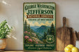 A vintage-style metal sign advertising George Washington and Jefferson National Forests in Virginia and West Virginia, featuring a scenic mountain landscape with pine trees and pink flowers.