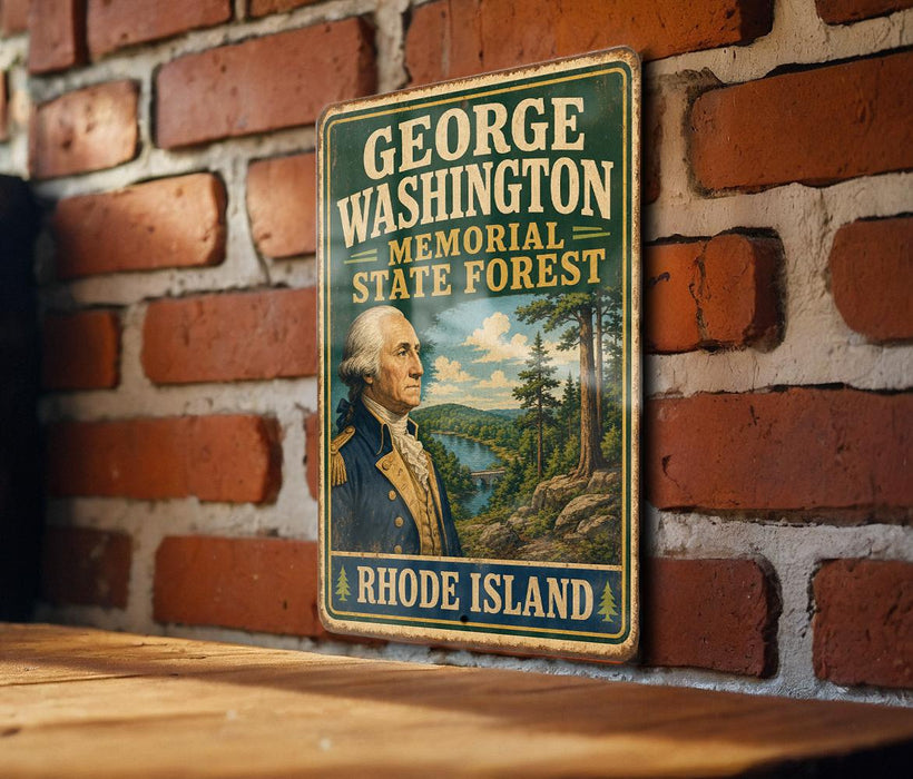 A vintage metal sign with a portrait of George Washington, the first President of the United States, and the text "GEORGE WASHINGTON MEMORIAL STATE FOREST RHODE ISLAND".