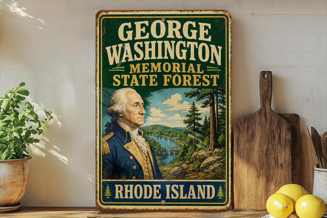A vintage-style metal sign for the George Washington Memorial State Forest in Rhode Island, featuring a portrait of George Washington and a scenic landscape.
