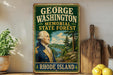 A vintage-style metal sign for the George Washington Memorial State Forest in Rhode Island, featuring a portrait of George Washington and a scenic landscape.
