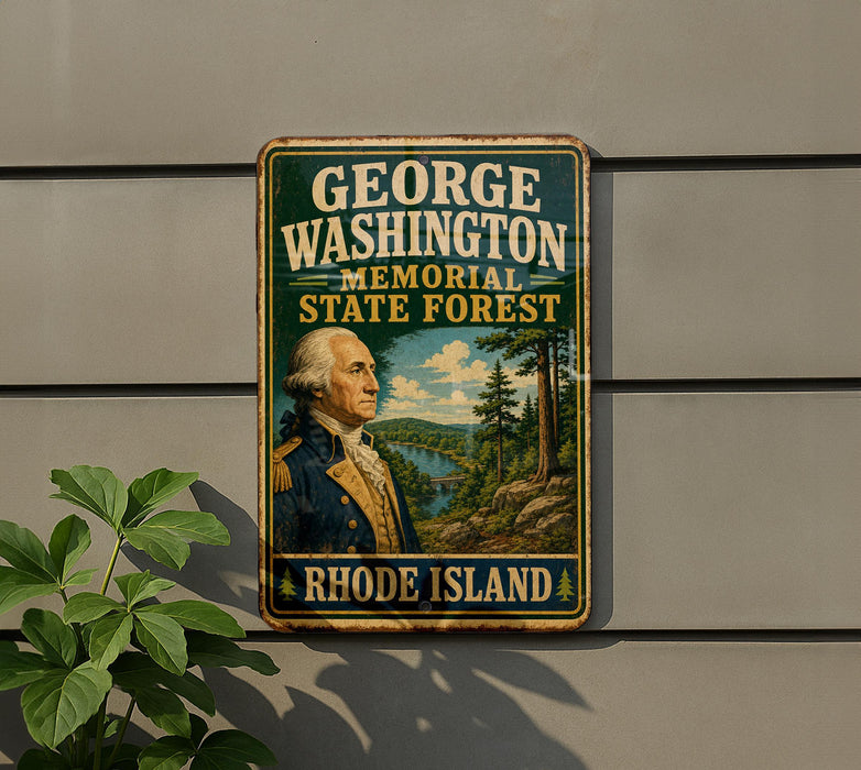 A metal sign with a portrait of George Washington, the first President of the United States, and the text "GEORGE WASHINGTON MEMORIAL STATE FOREST RHODE ISLAND".