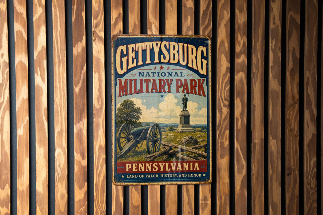 A vintage metal sign for Gettysburg National Military Park in Pennsylvania, featuring a cannon and a statue, is displayed on a wooden wall.