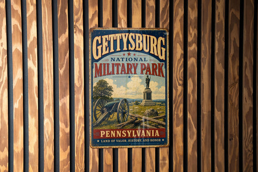 A vintage metal sign for Gettysburg National Military Park in Pennsylvania, featuring a cannon and a statue, is displayed on a wooden wall.