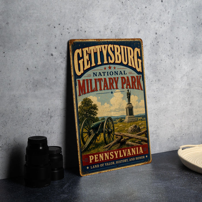 A vintage-style metal sign for Gettysburg National Military Park in Pennsylvania, featuring a cannon and a statue, is displayed on a gray countertop next to some black camera lenses.