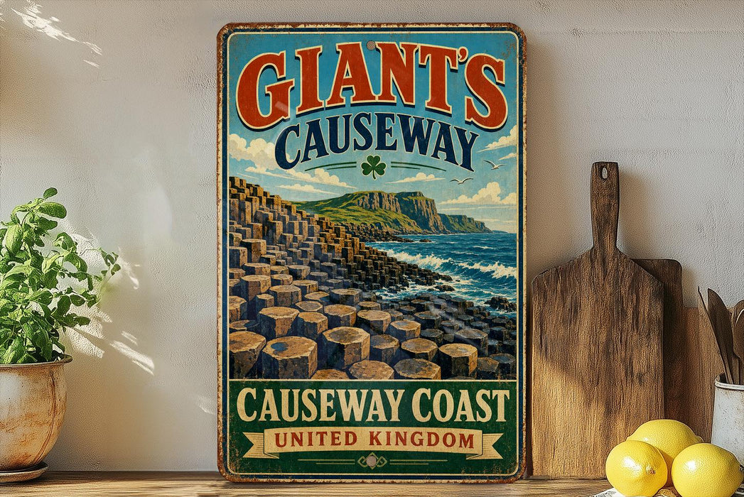 A vintage-style sign for Giant's Causeway, a famous natural landmark in Ireland, featuring a scenic image of the rugged coastline and the iconic Giant's Causeway rock formation.