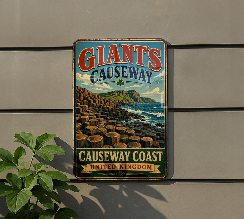A vintage-style sign for Giant's Causeway, a famous tourist attraction in Northern Ireland, featuring a scenic image of the Causeway coast.