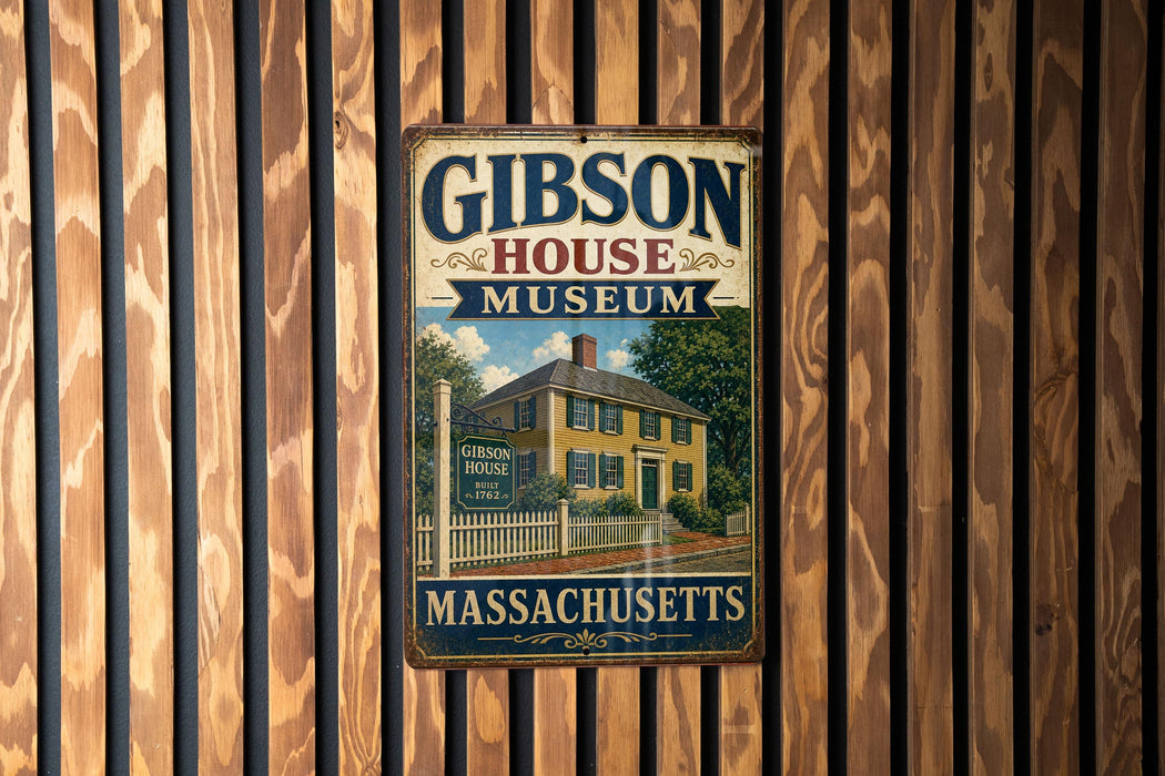 A vintage metal sign for the Gibson House Museum in Massachusetts, featuring an illustration of a yellow house with a white picket fence and a blue sky with clouds.