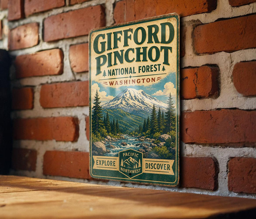 A vintage-style metal sign for Gifford Pinchot National Forest in Washington, featuring a mountain landscape and the words "Gifford Pinchot National Forest" and "Washington".