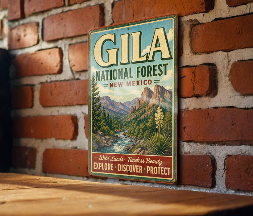 A vintage-style metal sign for the Gila National Forest in New Mexico, featuring a scenic mountain landscape and text promoting the area's natural beauty and outdoor activities.