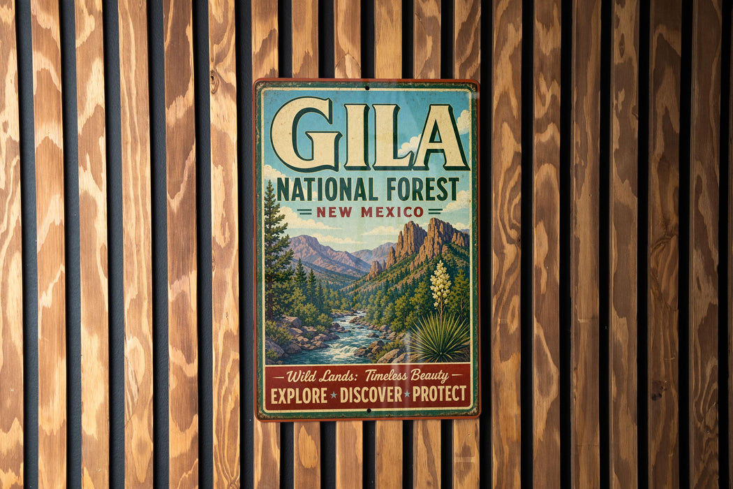 A vintage metal sign for Gila National Forest in New Mexico, featuring a scenic landscape with mountains, trees, and a river.