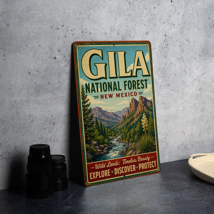 A vintage-style metal sign for the Gila National Forest in New Mexico, featuring a scenic landscape with mountains, trees, and a river.