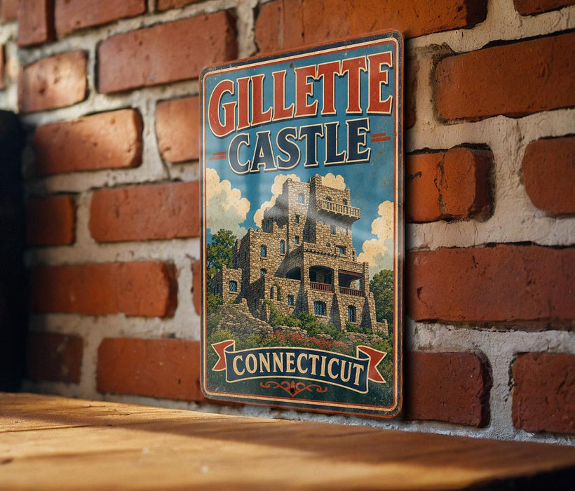 A vintage metal sign for Gillette Castle in Connecticut, featuring an illustration of the castle and the words "Gillette Castle Connecticut" on a brick wall.