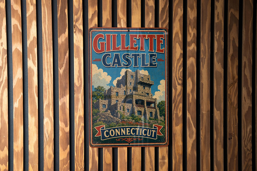 A vintage metal sign for Gillette Castle in Connecticut, featuring an illustration of the castle and the words "GILLETTE CASTLE CONNECTICUT".