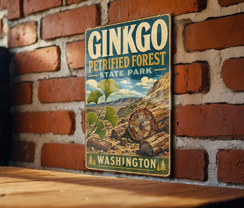 A vintage-style metal sign for Ginkgo Petrified Forest State Park in Washington, featuring a scenic illustration of a forest with ginkgo trees and a log cabin.