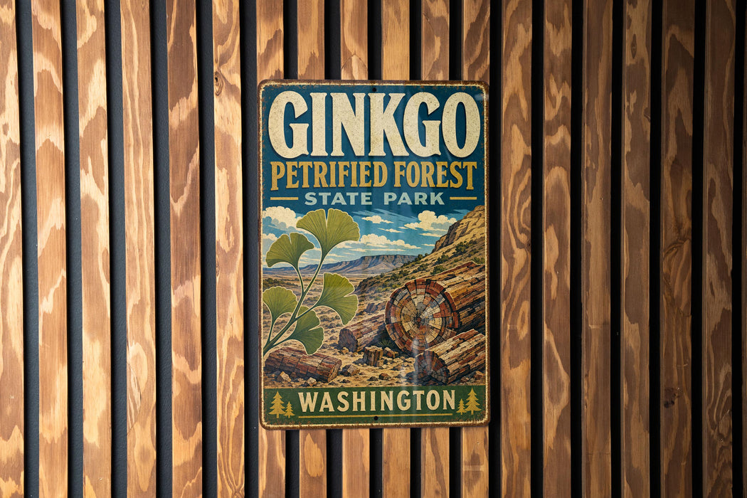 A vintage-style metal sign for the Ginkgo Petrified Forest State Park in Washington, featuring a scenic landscape with a ginkgo tree and log cabins.