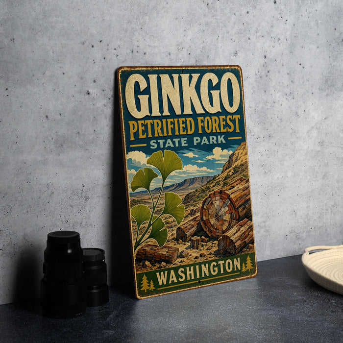 A vintage-style metal sign for Ginkgo Petrified Forest State Park in Washington, featuring an illustration of a ginkgo tree and a mountain landscape.