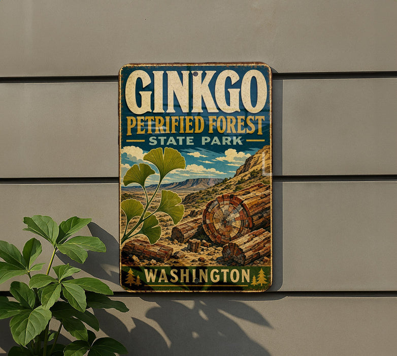 A vintage-style metal sign for Ginkgo Petrified Forest State Park in Washington, featuring a scenic landscape with a ginkgo tree and a clock.
