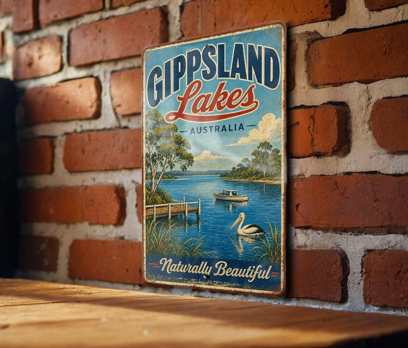 A vintage-style metal sign with the text "Gippsland Lakes" and "Australia" is displayed on a brick wall.