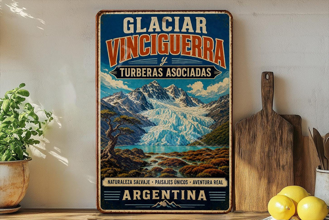 A vintage-style metal sign advertising the Glacial vineyard in Turberas, Argentina, featuring a scenic mountain landscape.