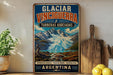 A vintage-style metal sign advertising the Glacial vineyard in Turberas, Argentina, featuring a scenic mountain landscape.
