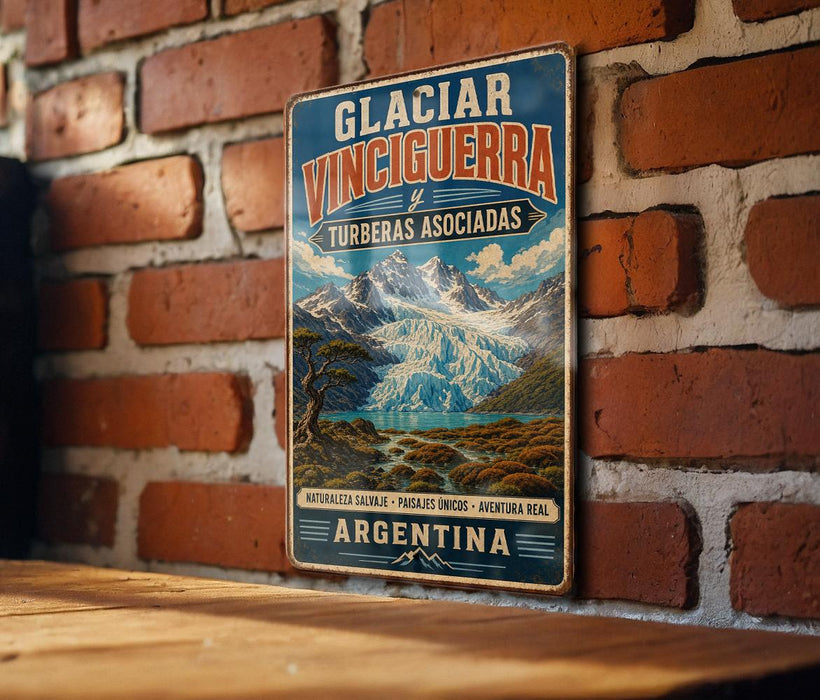 A vintage-style metal sign with a mountain landscape and text, mounted on a brick wall.