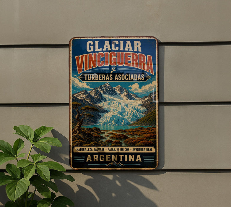 A vintage-style metal sign advertising the Glacial Vampire tourism in Argentina, featuring a scenic mountain landscape.
