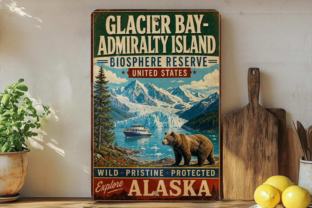 A vintage-style sign for Glacier Bay-Admiralty Island, featuring a scenic image of a bear and a boat on a lake surrounded by mountains.