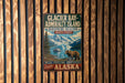 A vintage-style metal sign for Glacier Bay-Admiralty Island, Alaska, featuring a scenic image of a bear and a waterfall.