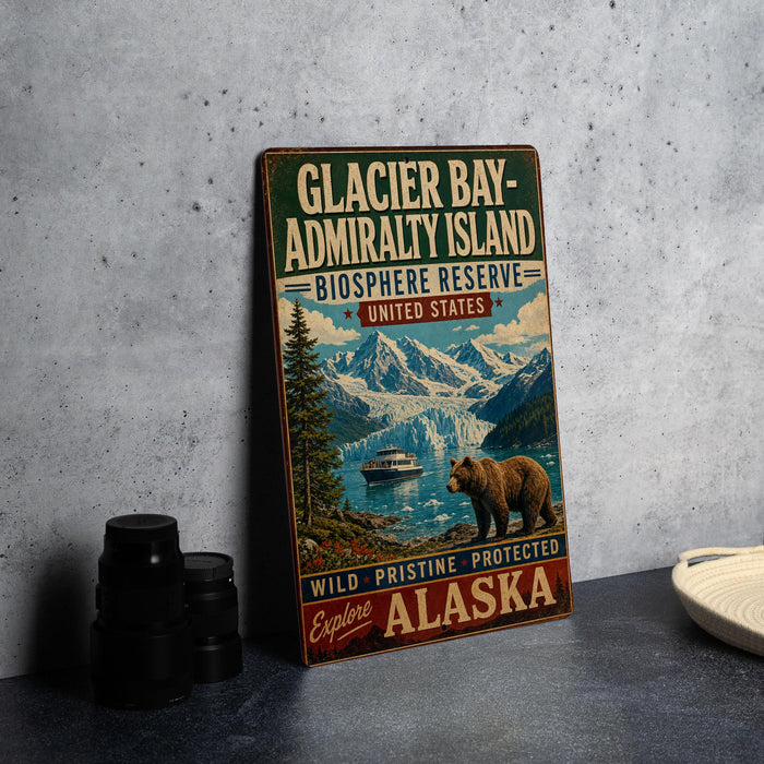 A vintage-style metal sign for Glacier Bay-Admiralty Island, the Biosphere Reserve in the United States, featuring a scenic image of a bear and a boat on a river surrounded by mountains.
