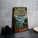 A vintage-style metal sign for Glacier Bay-Admiralty Island, the Biosphere Reserve in the United States, featuring a scenic image of a bear and a boat on a river surrounded by mountains.