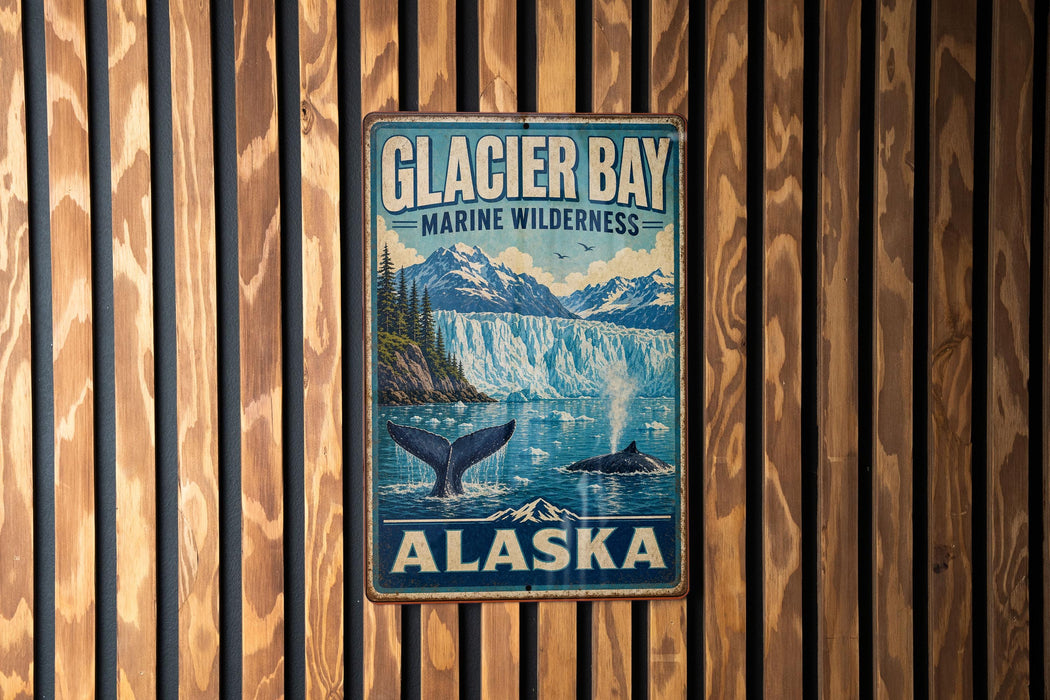 A vintage metal sign for Glacier Bay Marine Wilderness in Alaska, featuring a scenic illustration of a waterfall and mountains.