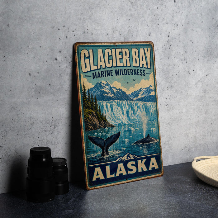 A vintage-style sign for Glacier Bay Marine Wilderness in Alaska, featuring a scenic illustration of the area with a waterfall and marine wildlife.
