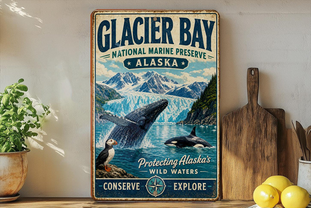 A vintage-style metal sign for Glacier Bay National Marine Preserve in Alaska, featuring an illustration of a whale and a puffin, with the text "Glacier Bay National Marine Preserve Alaska" and "Protecting Alaska's Wild Waters Conserve Explore".