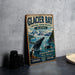 A vintage-style metal sign for Glacier Bay National Marine Preserve in Alaska, featuring an illustration of a whale and mountains.