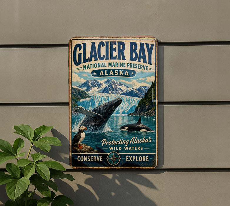 A vintage-style metal sign for Glacier Bay National Marine Preserve in Alaska, featuring a whale and a puffin, with the text "Glacier Bay National Marine Preserve Alaska" and "Protecting Alaska's Wild Waters" prominently displayed.