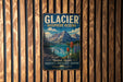 A vintage-style metal sign for Glacier Biosphere Reserve, featuring a scenic mountain landscape with a lake and colorful wildflowers.