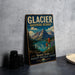A vintage-style sign for Glacier Biosphere Reserve, featuring a scenic mountain landscape with a lake and colorful wildflowers.