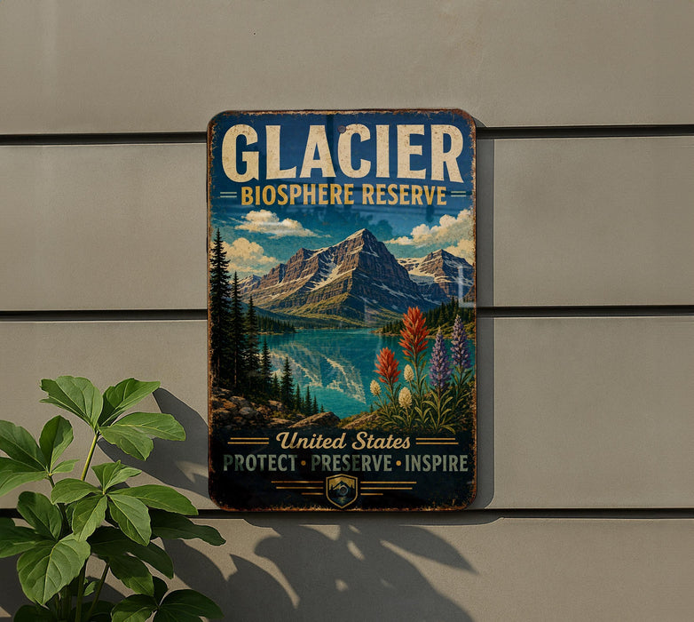 A vintage-style metal sign with a mountain landscape and a lake, mounted on a wall.