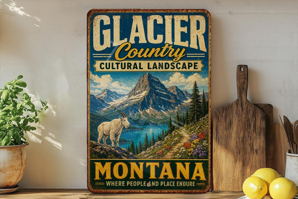 A vintage-style sign for Glacier Country, Montana, featuring a mountain landscape with a goat, is displayed on a shelf next to a wooden cutting board and some lemons.