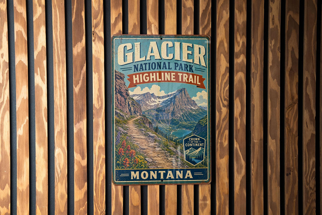 A vintage-style metal sign for Glacier National Park's Highline Trail, mounted on a wooden wall.